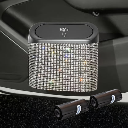 Rhinestone Push-Lid Car Trash Bin with Two Liner Bags, Black or Silver Finish and 16 cm Width