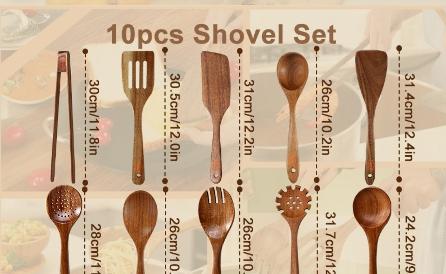 Kitchen Utensils 10-Piece Teak Wood Spoon and Spatula Set with Thickened, Basic and Shovel Configurations