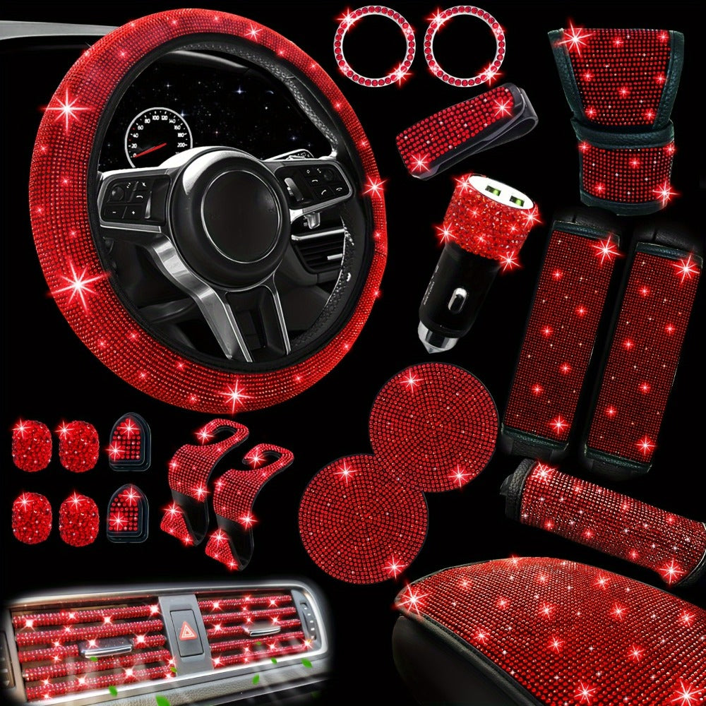 30-Piece Bling Car Interior Accessories Set with 15-Inch Steering Wheel Cover, Seat Belt Pads and Trim