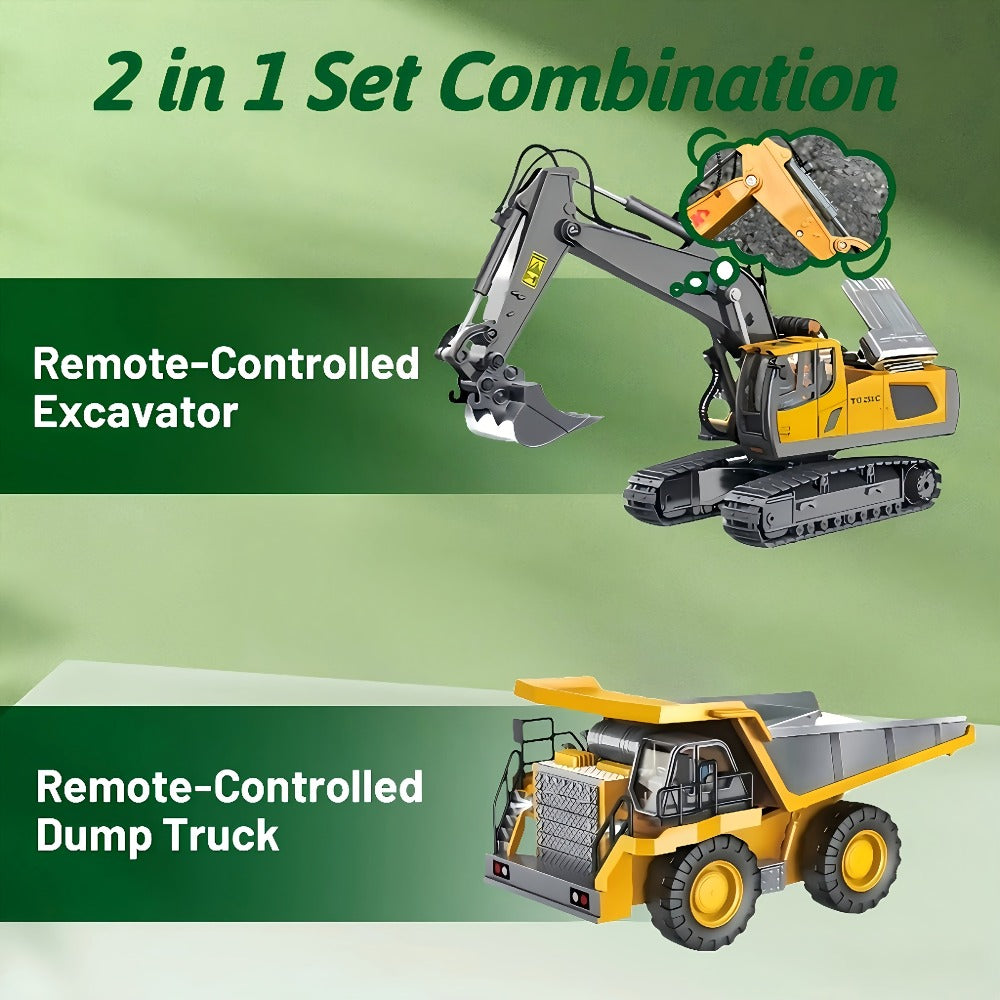 RC Construction Vehicle Set 2-in-1 & 3-in-1, 2.4G 11-Channel Remote Control Excavator Dump Truck Forklift Bulldozer