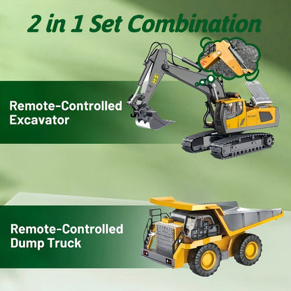 RC Construction Vehicle Set 2-in-1 & 3-in-1, 2.4G 11-Channel Remote Control Excavator Dump Truck Forklift Bulldozer