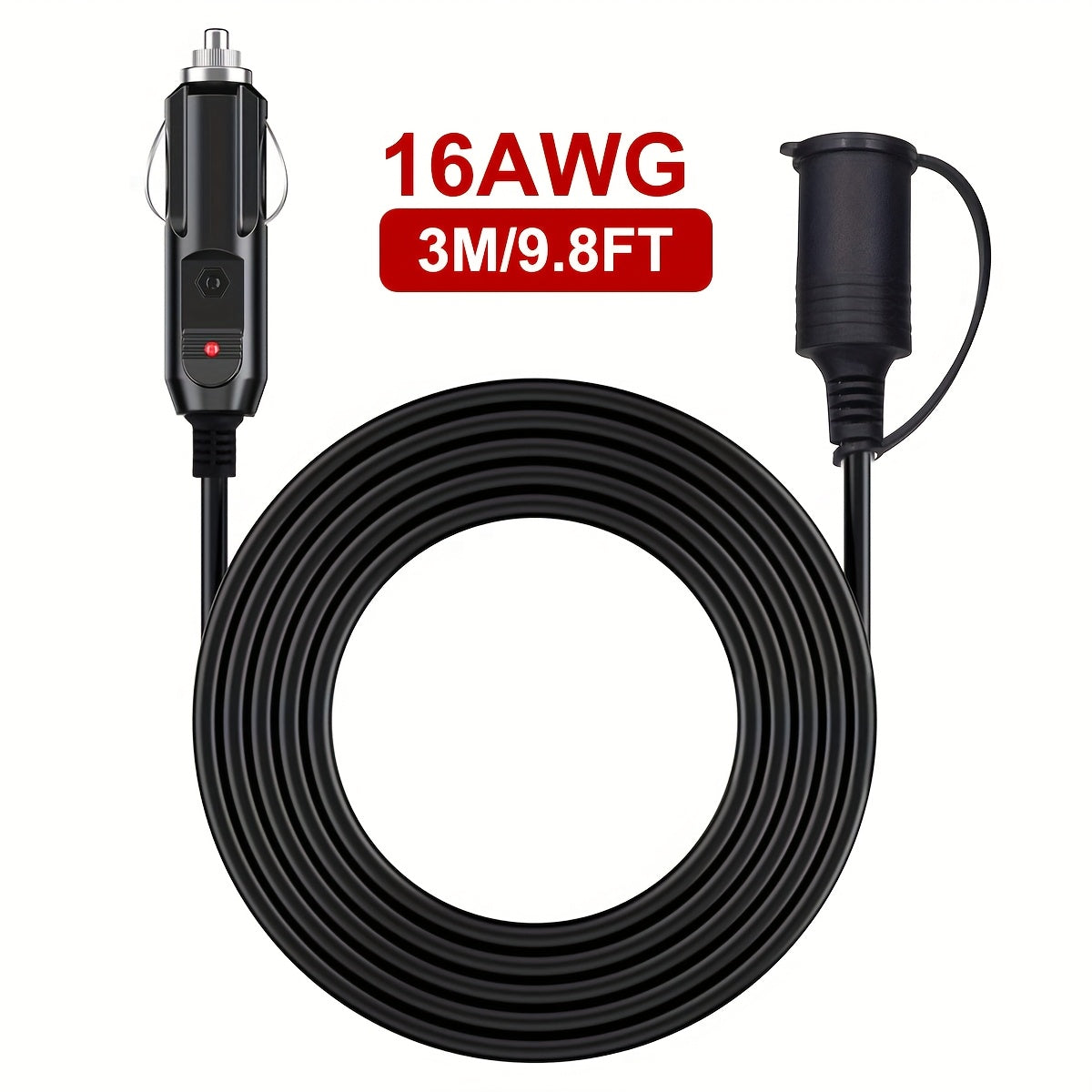 12V Car Cigarette Lighter Extension Cord 9.8FT – 16AWG Heavy Duty Male to Female Socket with LED Indicator for RV