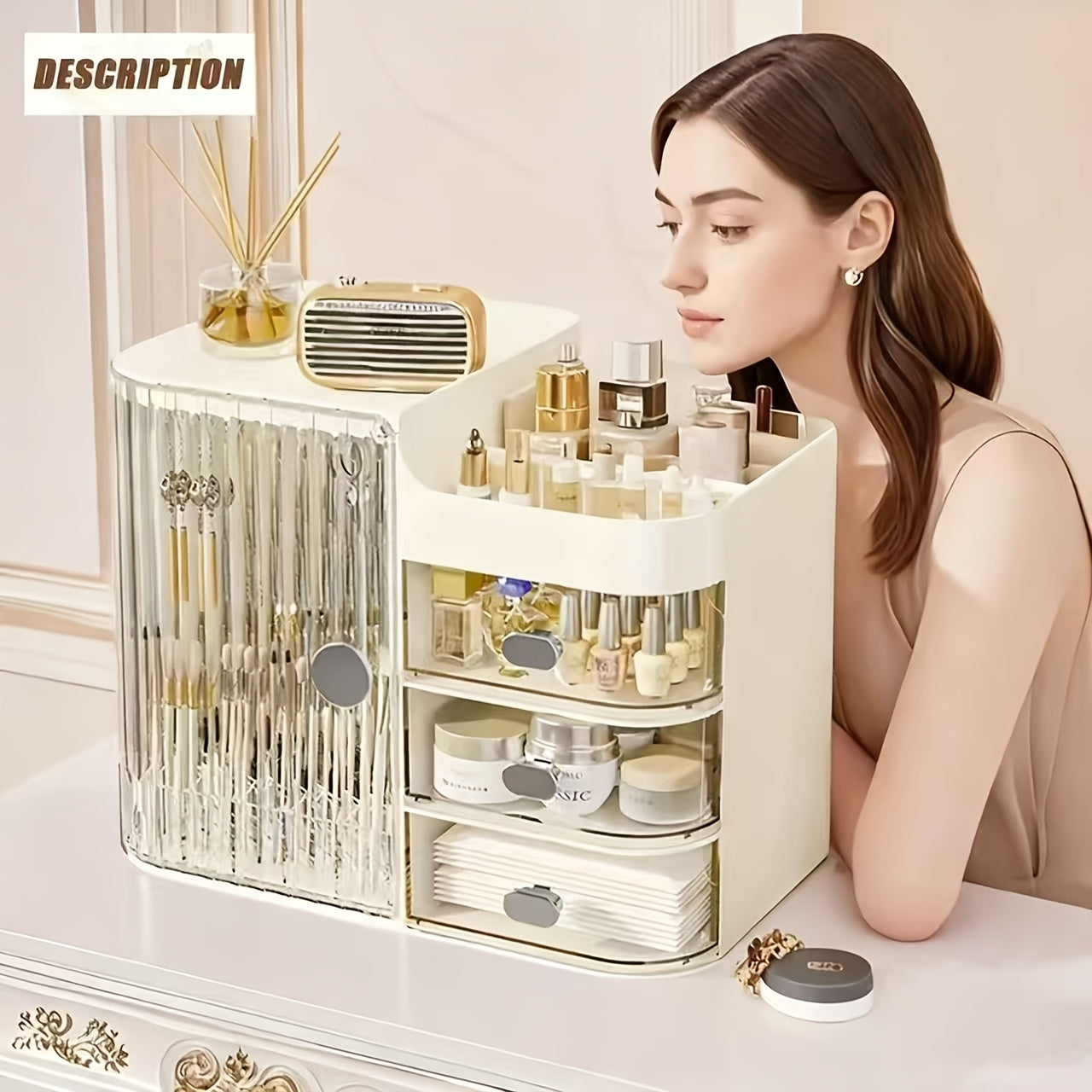 Makeup Organizer with 3 Drawers and Mirror – Large Capacity Cosmetic Storage Box Vanity Organizer for Skincare Contact Lens Display Case