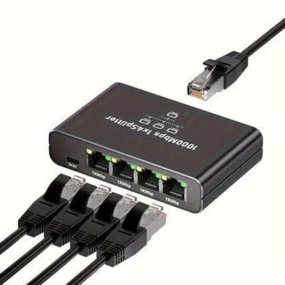 4-Port Ethernet Splitter USB Powered - 1 to 4 RJ45 Network Hub Adapter, Connect 4 Devices Simultaneously