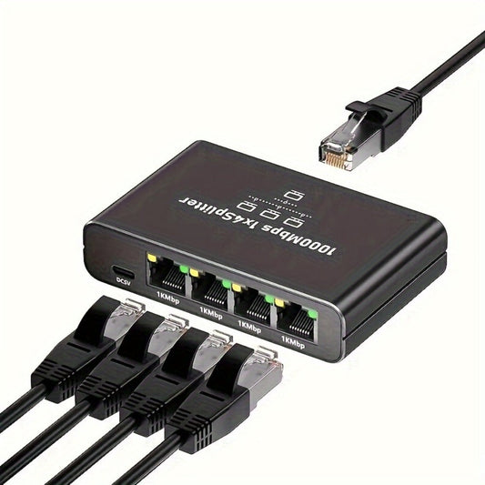 4-Port Ethernet Splitter USB Powered - 1 to 4 RJ45 Network Hub Adapter, Connect 4 Devices Simultaneously