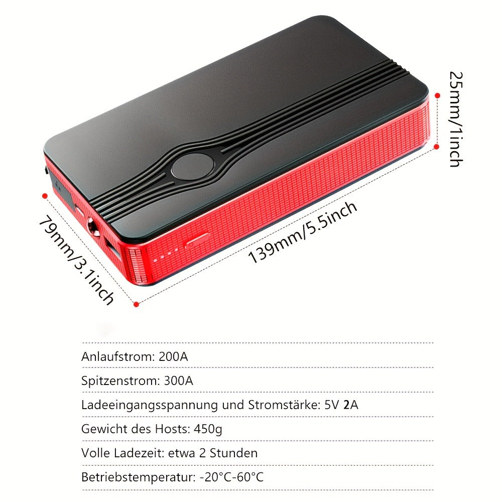 Portable Car Jump Starter Power Bank 200A Peak – 12V Emergency Battery Booster for Gas Engines Under 2.0L, USB & Type-C Charging, LED Light