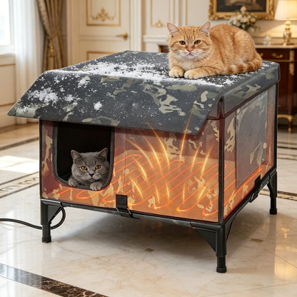 Heated Cat House 3-in-1 with Removable Warming Pad, Elevated Cat Bed for Indoor & Outdoor Cats, Chew-Resistant Cord, Double Door Cat Cave