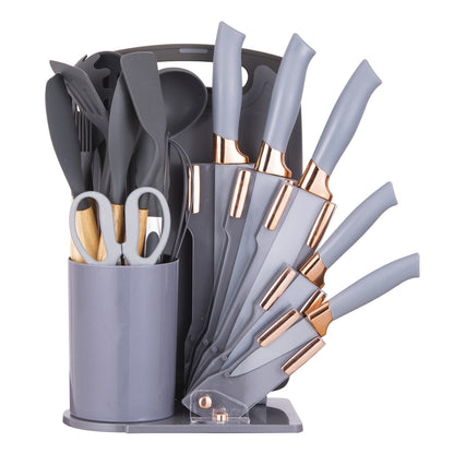 Kitchen Knife Set 19-Piece with Stainless Steel Blades, Wood Handles, Silicone Utensils, Board, Shears and Holder