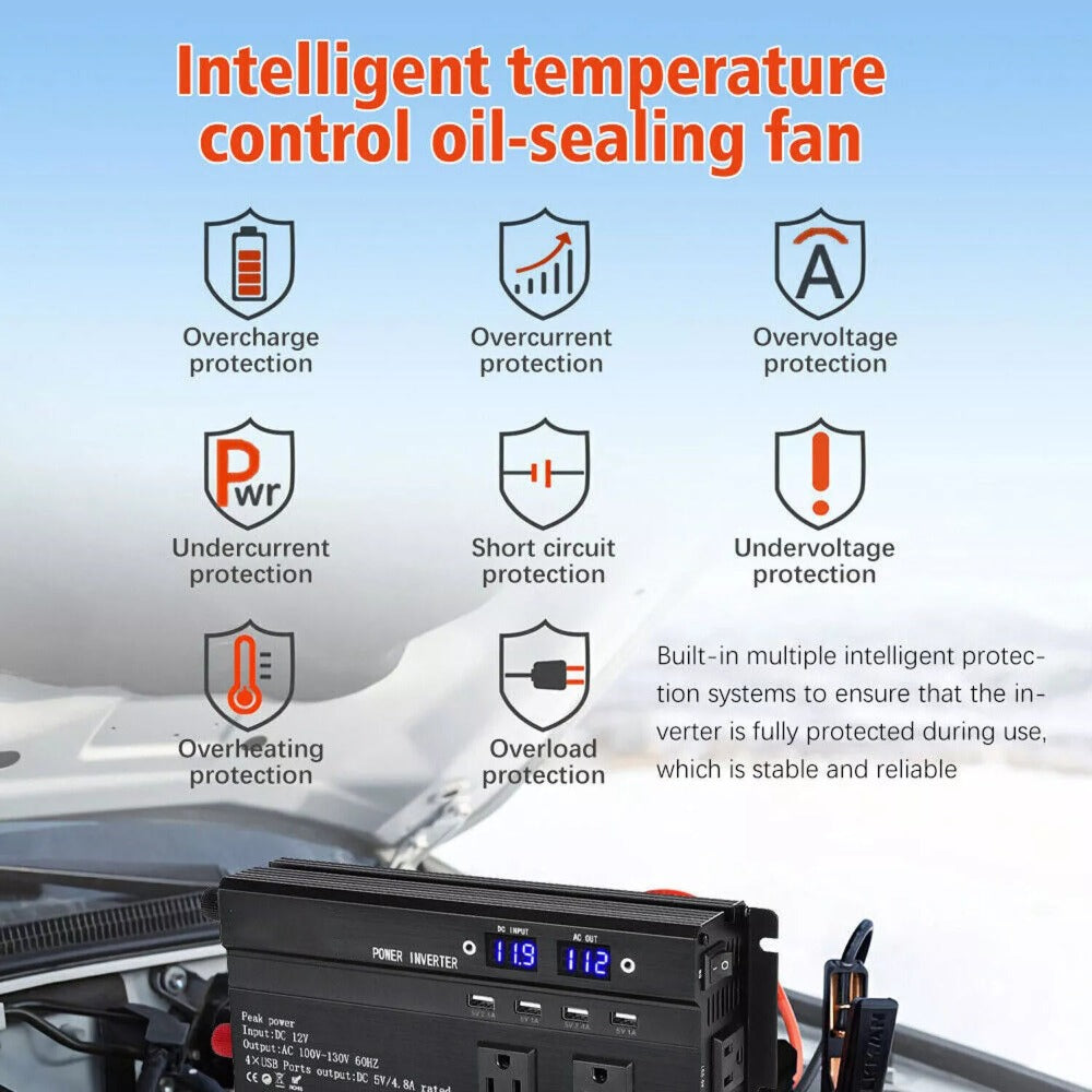 Portable 12V DC to 110V AC Power Inverter with LCD Display, Cooling Fan and 6600W Checkout Label