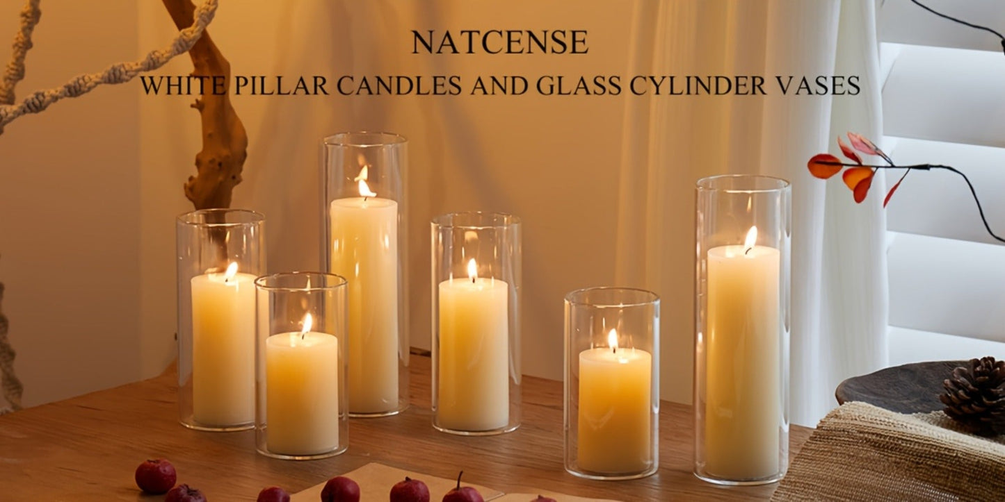Pillar Candles with Clear Glass Hurricane Holders, Unscented White Cylinder Candles & Vases for Wedding Centerpieces
