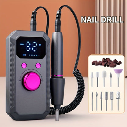 Electric Nail Drill Rechargeable Kit with Display, 11 Grinding Heads, 20 Sanding Rings and Three Colors