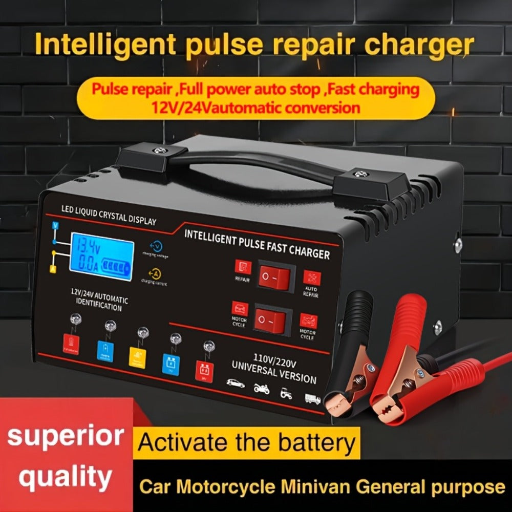 AF01 12 V and 24 V Battery Charger with LCD Display, Alligator Clamps, Carry Handle and Cooling Fan