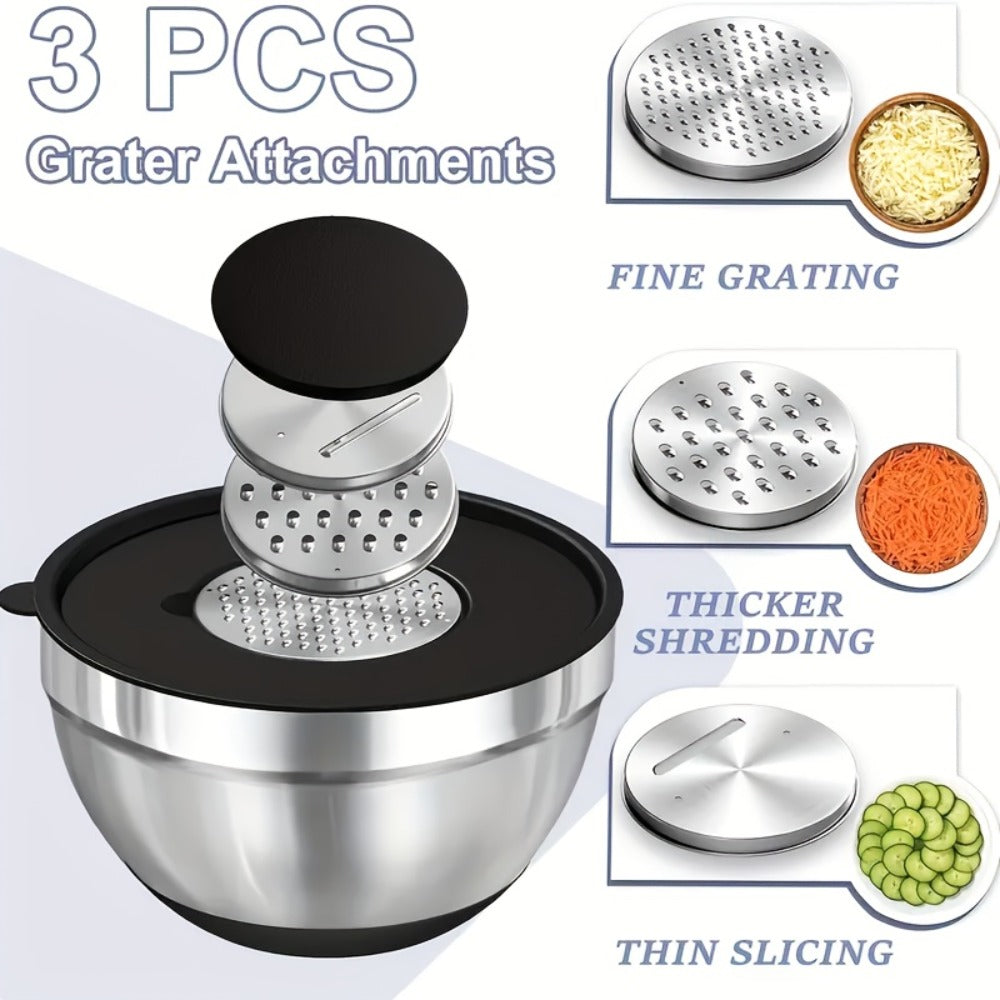 Stainless Steel Mixing Bowls with Airtight Lids 26pcs Set, 3 Grater Attachments, Bottoms, 7Qt 4Qt 2.5Qt 2Qt 1.5Qt 1Qt