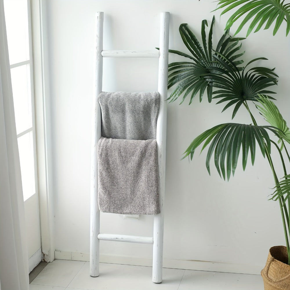 Blanket Ladder 57 Inch Wood Freestanding Farmhouse Quilt & Towel Display Rack - Rustic Wooden Wall Leaning Holder for Living Room