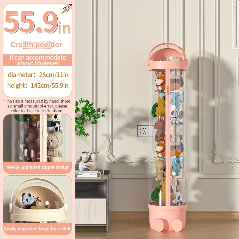 Stuffed Animal Storage Bin Transparent Cylindrical with Zipper, Large Plush Toy Organizer for Kids Bedroom Living Room
