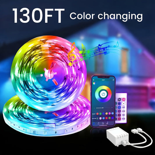 RGB LED Light Strip 50ft 100ft 130ft 16 Million Colors Music Sync, App & 24-Key Remote Control, Color Changing LED Strips for Bedroom
