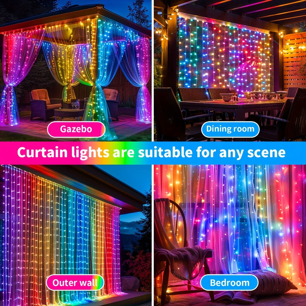 Solar Curtain String Lights, 3 x 3 Meters with 300 LEDs, Remote Control and One- or Two-Pack Options
