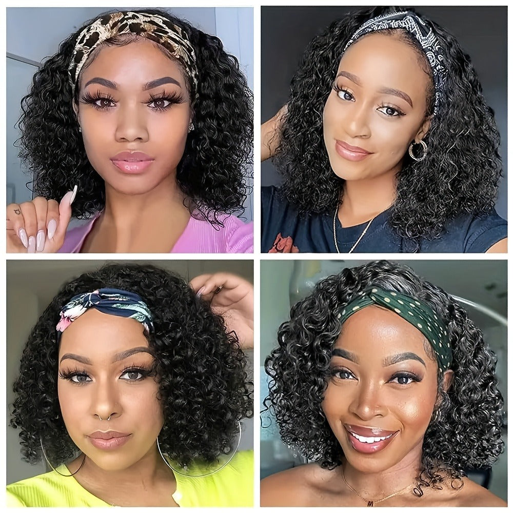 Headband Wig Human Hair Short Curly Pixie 14 Inch No Glue No Lace Glueless Wear and Go Natural, for Home, Travel and Salon Hair Styling