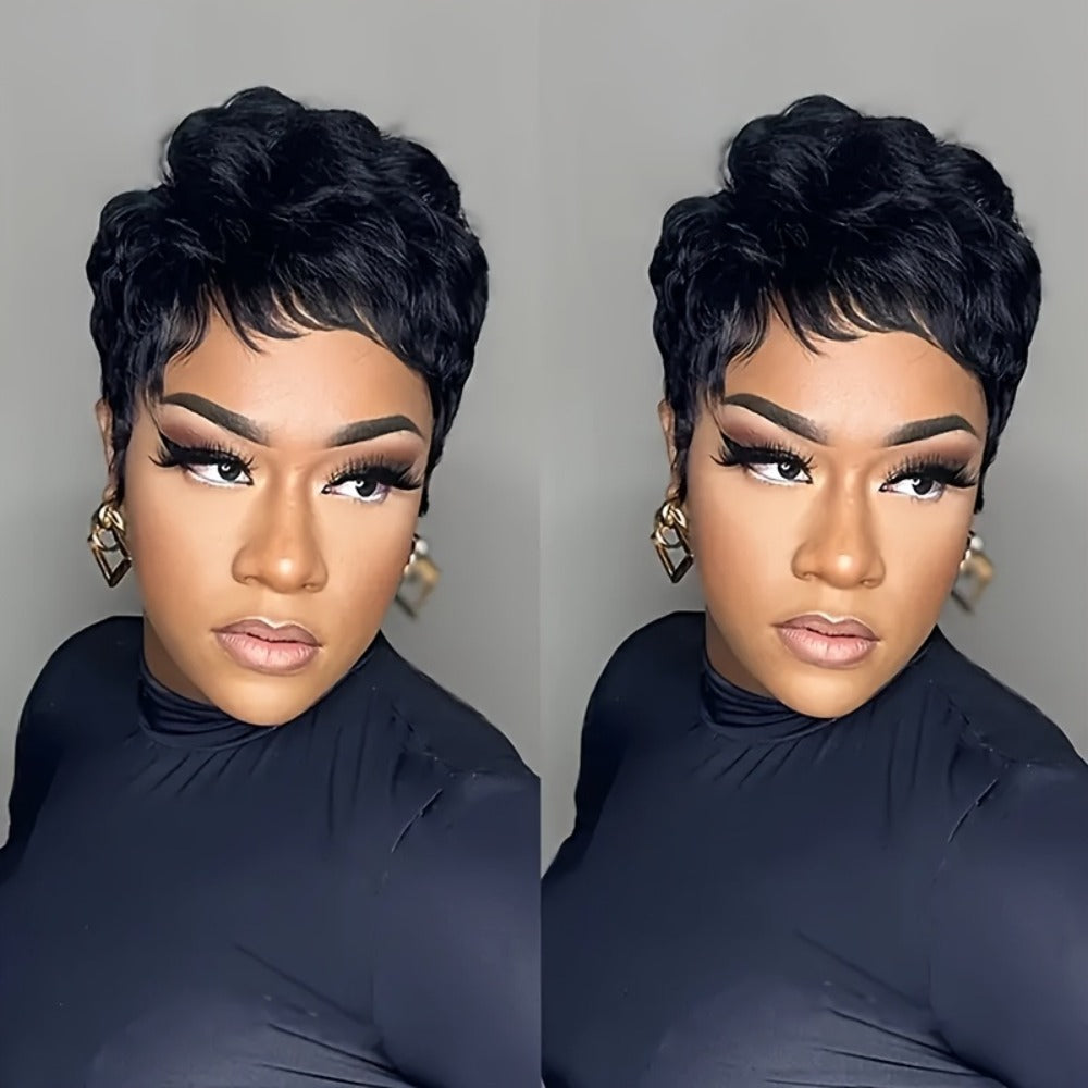4-Inch Straight Layered Pixie Human Hair Wig in Black with 150% Density and Machine-Made Rose Net Cap