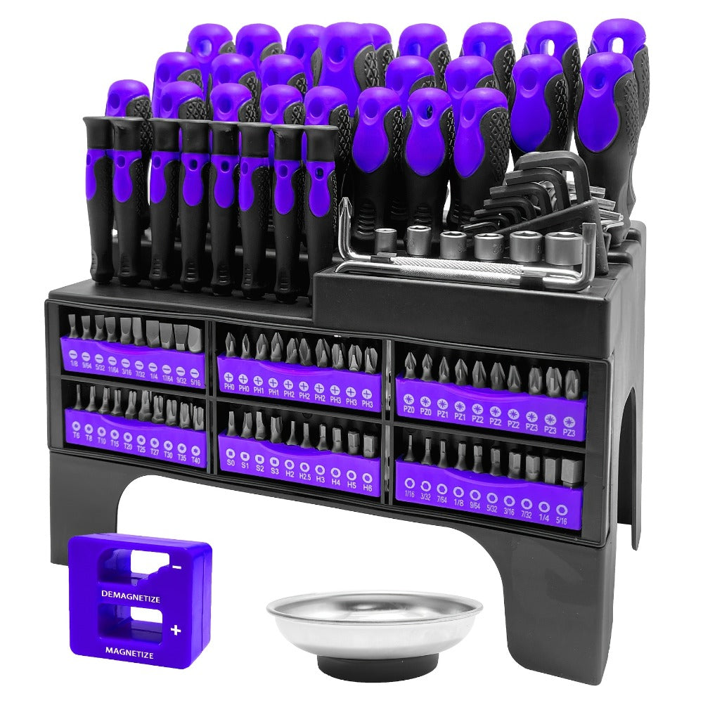 Purple 118-Piece Screwdriver Rack Set with Hand Drivers, Bit Rows, Hex Keys and Magnetic Parts Bowl