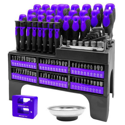 Purple 118-Piece Screwdriver Rack Set with Hand Drivers, Bit Rows, Hex Keys and Magnetic Parts Bowl
