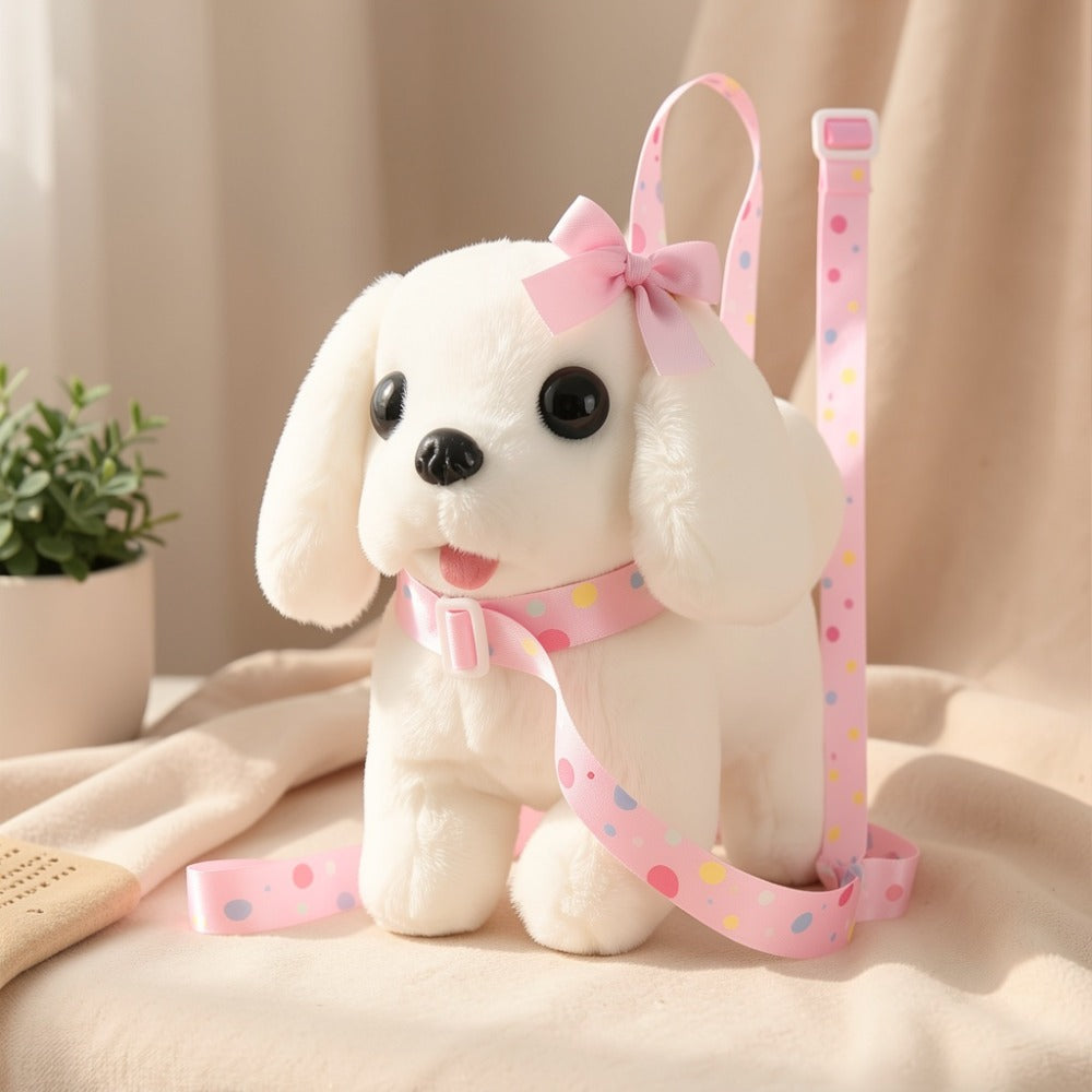 Plush Toy White Electronic Puppy with Walking, Barking, Tail-Wagging Action, Leash and Bow
