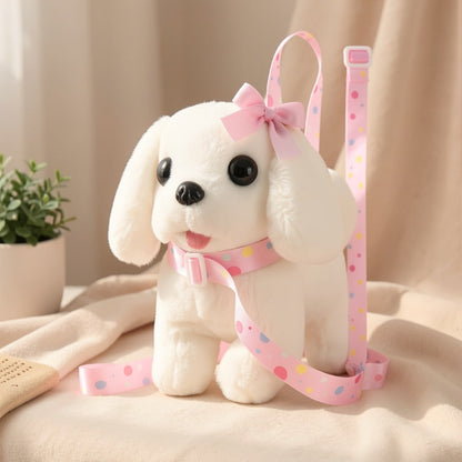 Plush Toy White Electronic Puppy with Walking, Barking, Tail-Wagging Action, Leash and Bow
