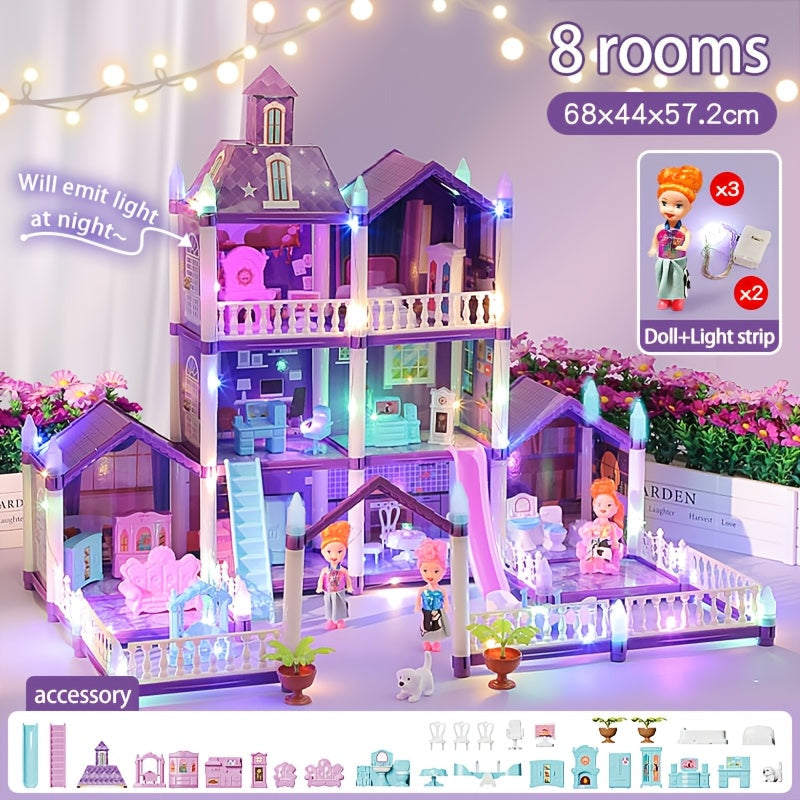 LED Dollhouse Playset for Girls, Purple Multi-Room Playhouse with Doll Figures, Puppies, Furniture & LED Lighting