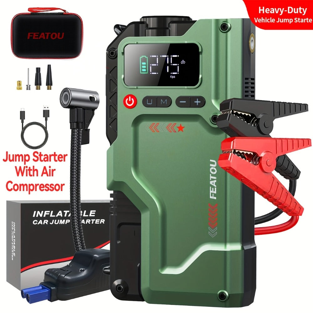 Green Jump Starter and Tire Inflator Enhanced Version with Digital Pressure Display and Clamp Leads