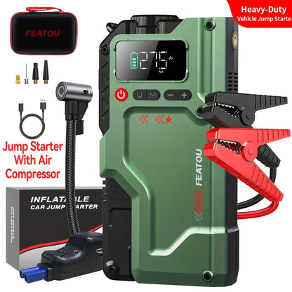 Green Jump Starter and Tire Inflator Enhanced Version with Digital Pressure Display and Clamp Leads