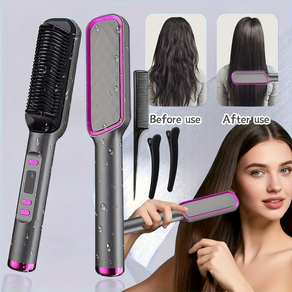2-in-1 Hair Straightener & Curler LCD Display – 35-Second Fast Heat 4-Speed Temperature Anti-Scald Flat Iron Brush for Women with 2 Hairpins