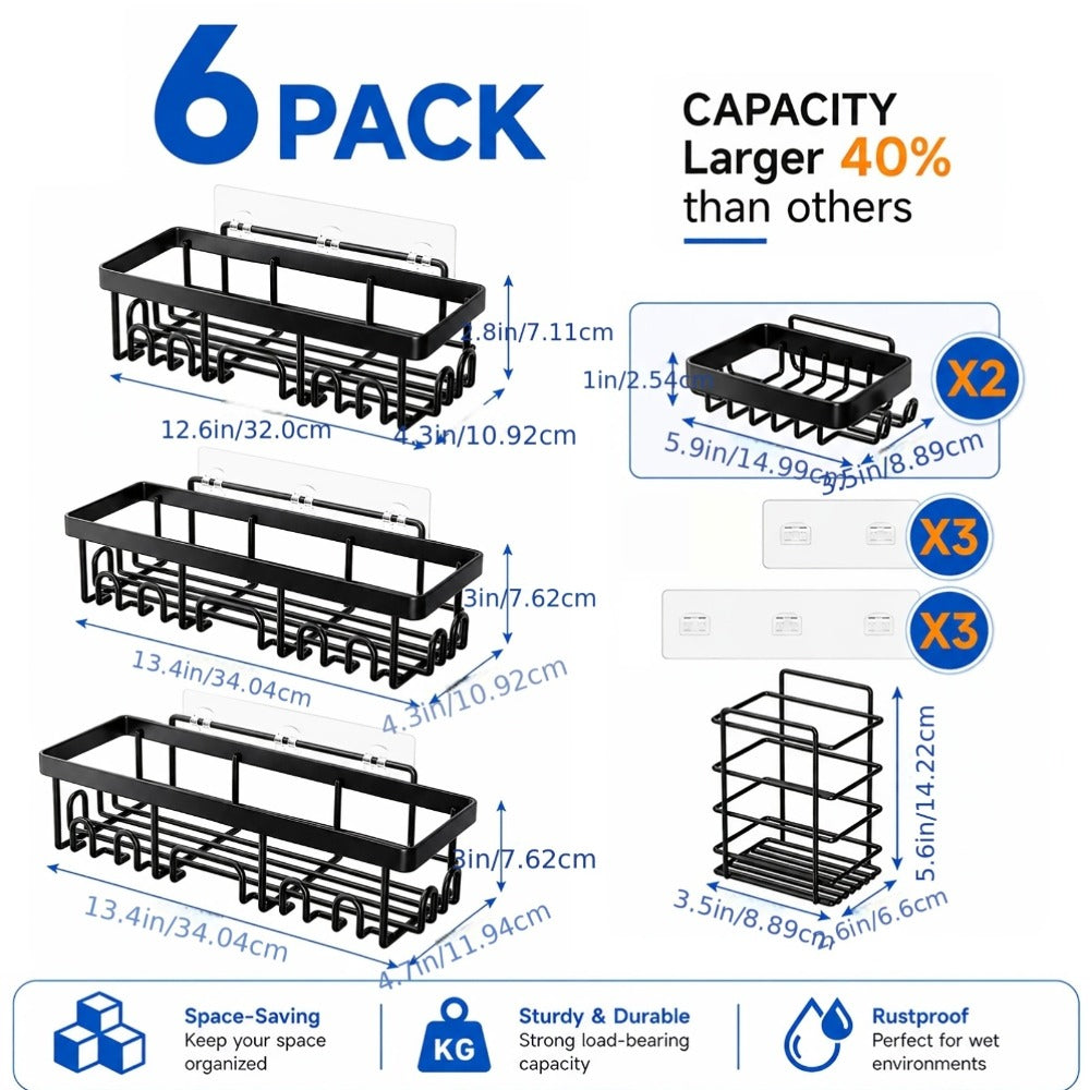 Six-Piece Black Adhesive Wall-Mounted Shower Caddy Set with Shelves, Hooks and Paper Holder