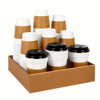 Disposable Paper Coffee Cups with Lids and Sleeves 12oz, Leak-Proof To-Go Hot Coffee Cups with Insulated Sleeve for Home