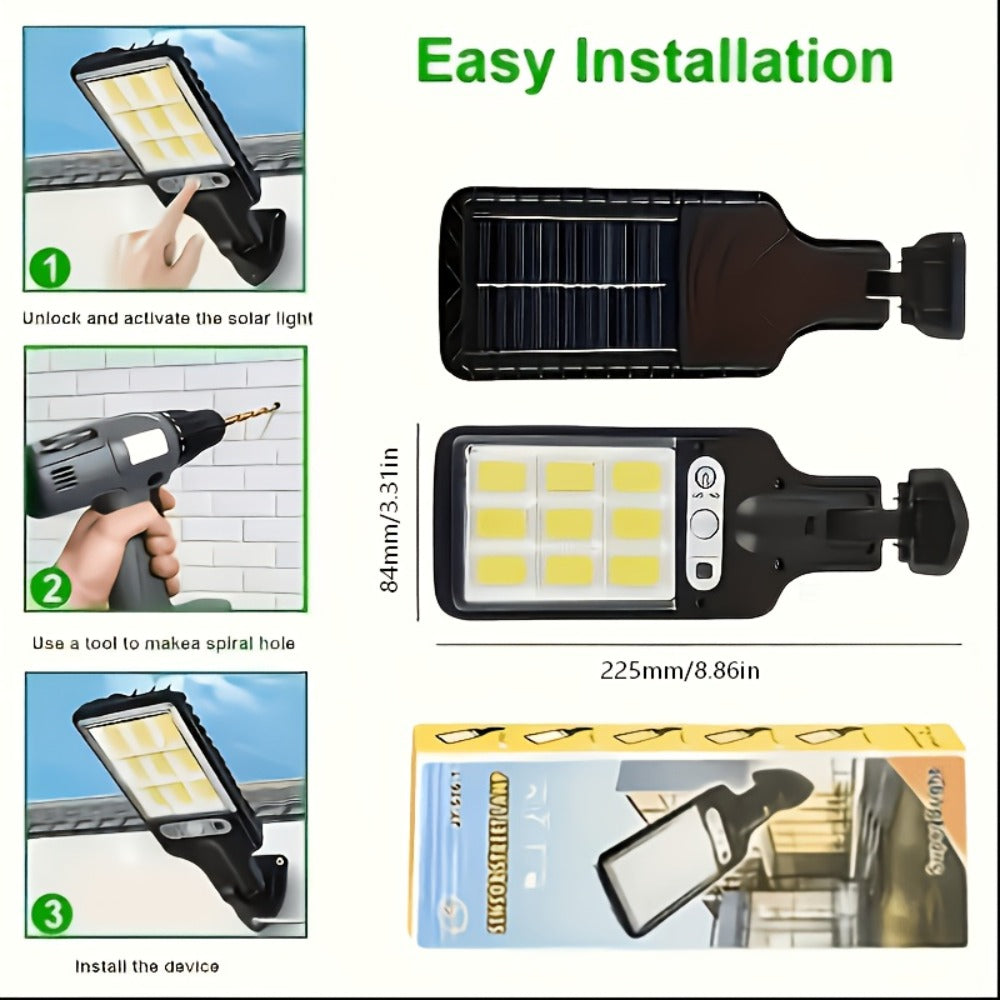 Solar Motion Sensor Security Wall Light 108COB LED, Outdoor Solar Powered Street Light with Remote Control & 3 Modes