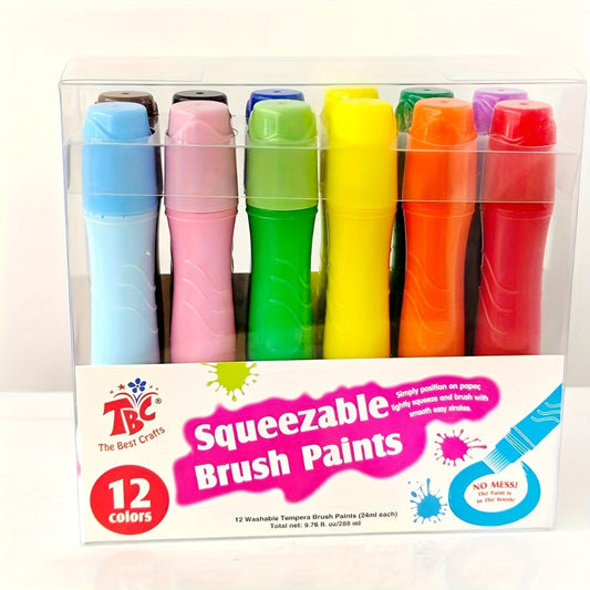 12-Color Neon Squeezable Tempera Paint Brush Pen Set with 24 ml Source Fill Labels and Tray