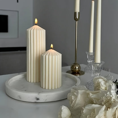 White Ribbed Soy Wax Pillar Candle Pair with Two Matched Sizes or One-of-Each Mixed-Size Option