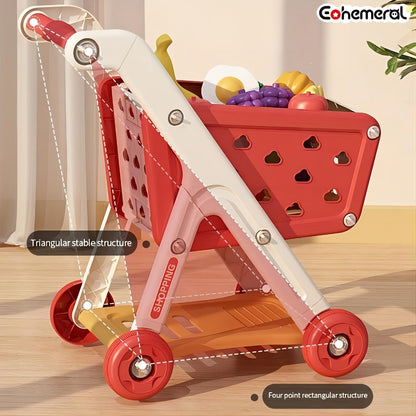 Kids Pretend Play Shopping Cart Toy Set with Realistic Food & Grocery Accessories, Supermarket Role Play for Toddlers Girls Boys Ages 3+