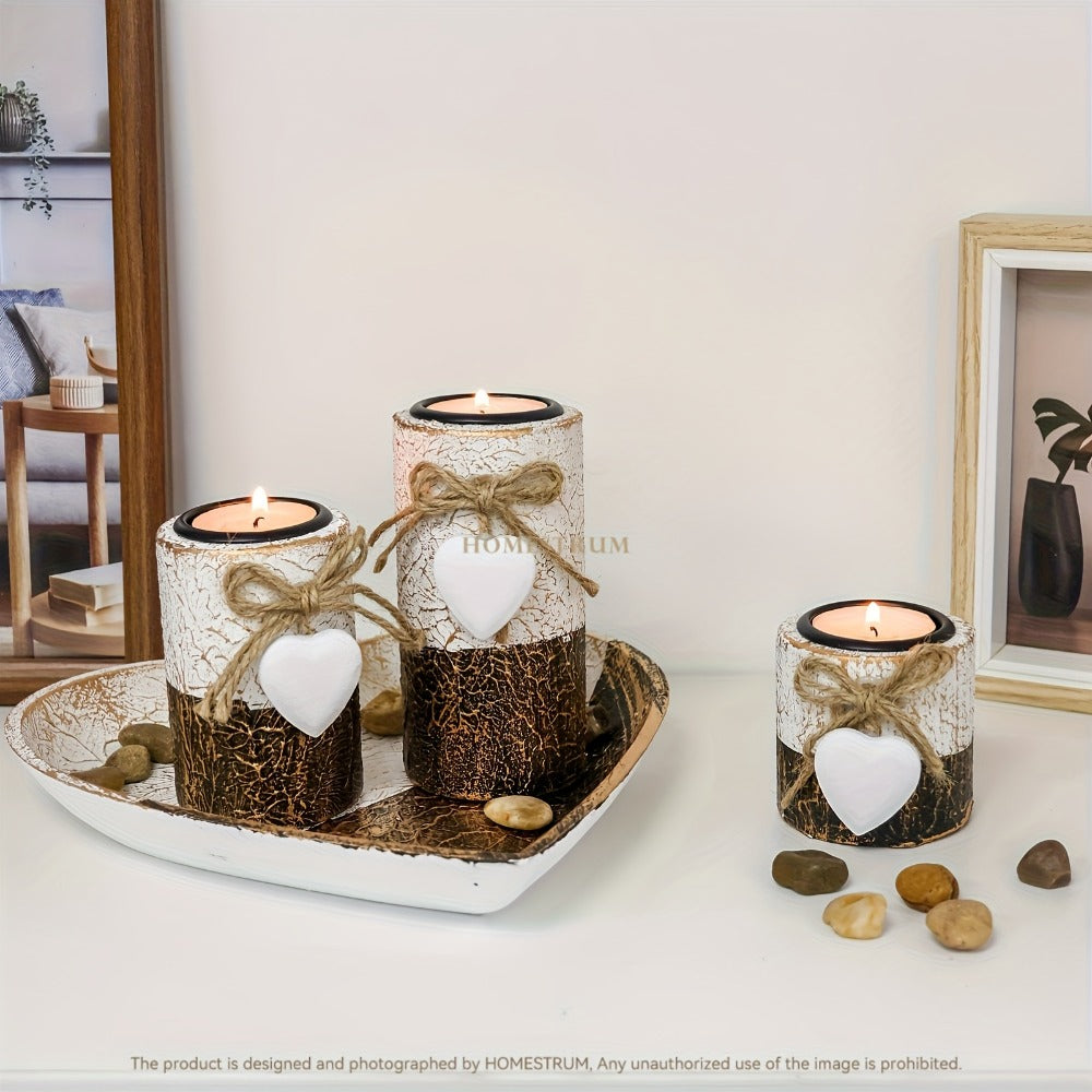 Wooden Candle Holder Set of 4, Love Heart Tray, Tea Light Holder, Knot Bow Decoration & Decorative Stone Bowl for Home Decor