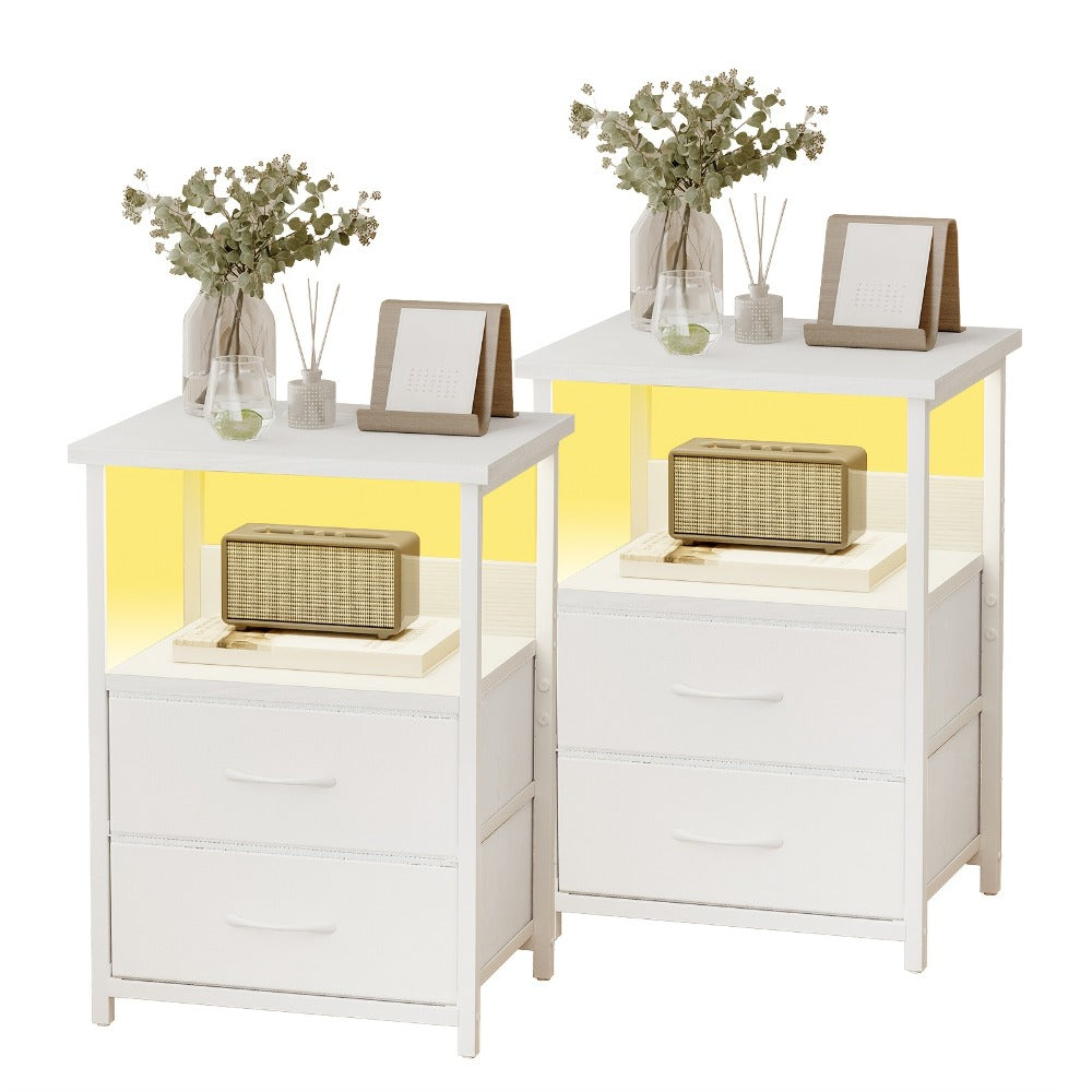 Nightstand Two Fabric Drawers with Charging Station, LED Accent Light and PU or Clear Desktop Options