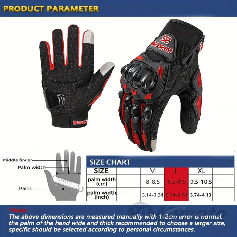 Full-Finger Motorcycle Gloves with Segmented Knuckle Shell, Wrist Tabs, Black or Red in M to XL