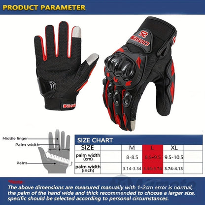Full-Finger Motorcycle Gloves with Segmented Knuckle Shell, Wrist Tabs, Black or Red in M to XL