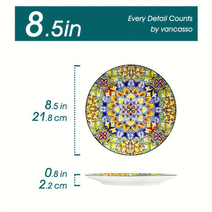 Bohemian Ceramic Dessert Plate Set of 6 – 8.5 Inch Colorful Abstract Pattern Dinnerware, Glazed Porcelain Plates