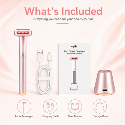 Pink Rechargeable Facial Massage Wand with Red LED Bar, Textured Grip and Charging Base for Face and Neck Use