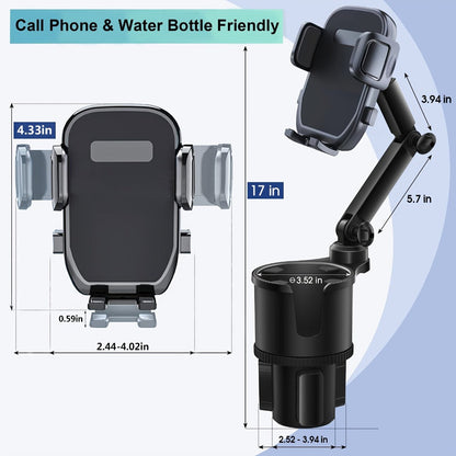 Cup-Holder Car Phone Mount with Bottle Recess, Double-Jointed Long Arm and Rotating Clamp Pictured