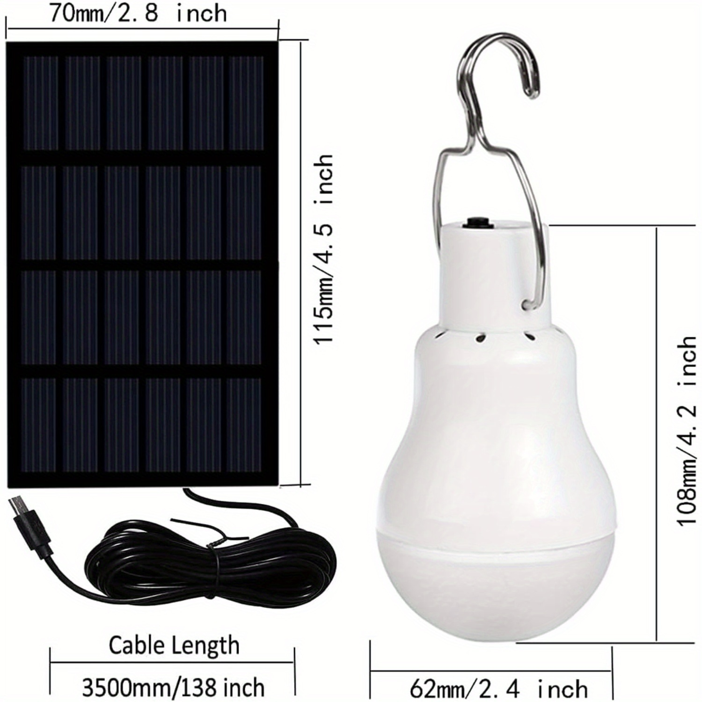 Outdoor Solar Light Bulb with 3.5M Cable – 110 Lumen 12 LED, 800mAh Rechargeable, 6000K Daylight, Portable Hanging Lamp for Garden, Yard