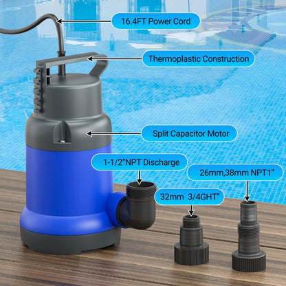 Submersible Sump Pump 1HP 4600GPH Portable Utility Water Pump for Pool Basement Flood Hot Tub