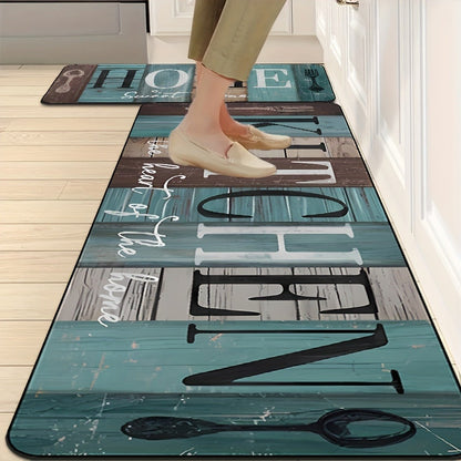 Diatomaceous Earth Kitchen Mat Set 2pcs – Non-Slip Anti-Fatigue Rug for Kitchen Bathroom Bedroom Hallway, Green Brown Wood Plank Pattern