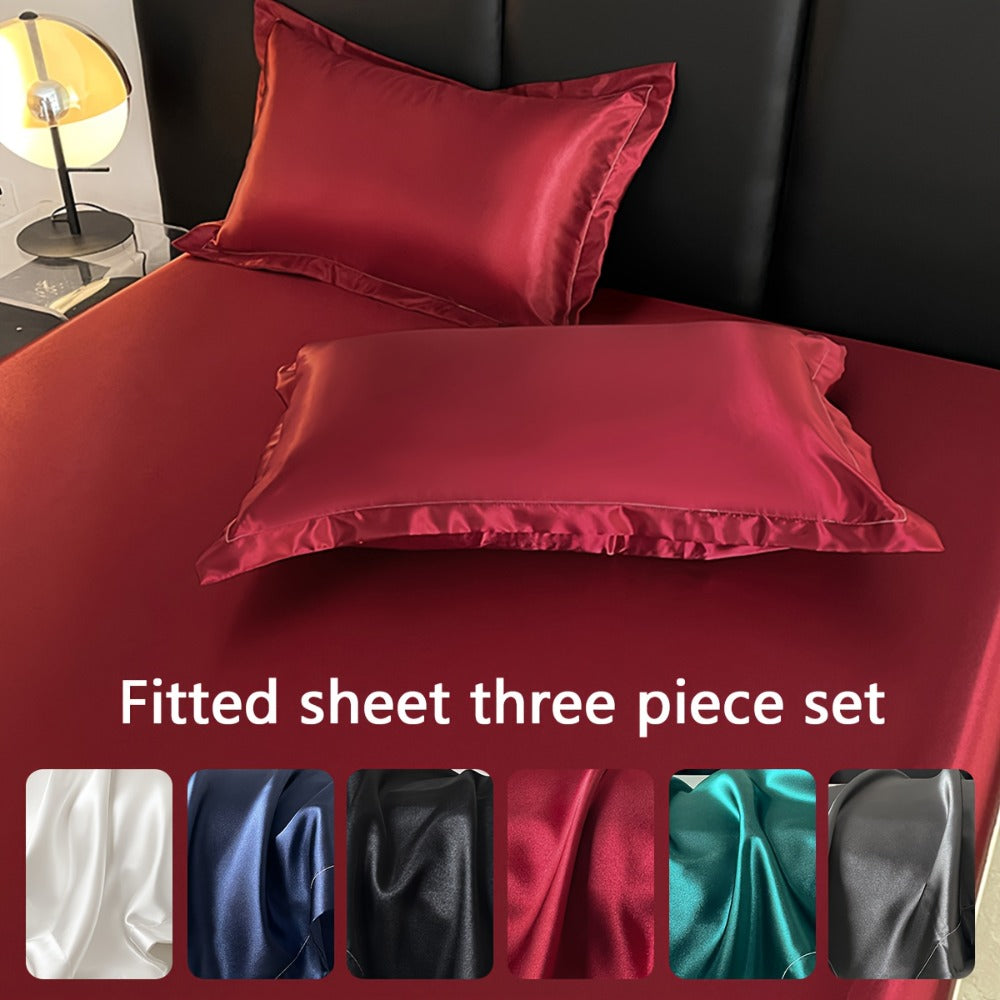 Satin Fitted Sheet Set with Pillowcases – Cooling Smooth Breathable Wrinkle-Resistant Bed Sheets, Machine Washable Ultra Soft for Hot