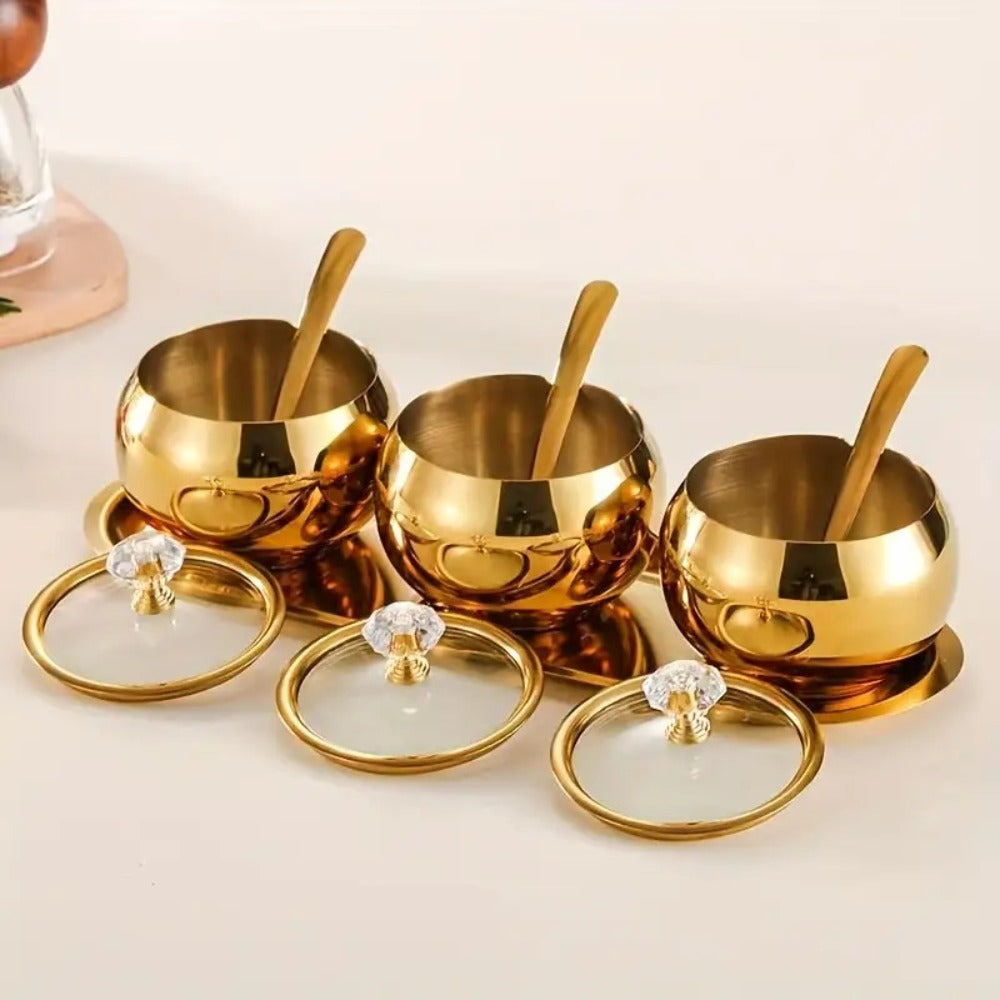 Golden Stainless Steel Seasoning Jar Set 2 or 3pcs Spice Containers with Lid and Spoon for Home Cooking, Dining and Outdoor Meals