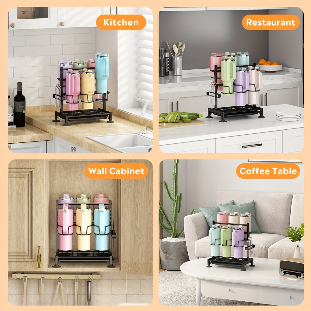 Cup Holder Rack 6-Grid Cast Iron Water Bottle Organizer for Kitchen Cabinet | Adjustable Height Drinkware Storage Rack Holds 40oz Cups Mugs